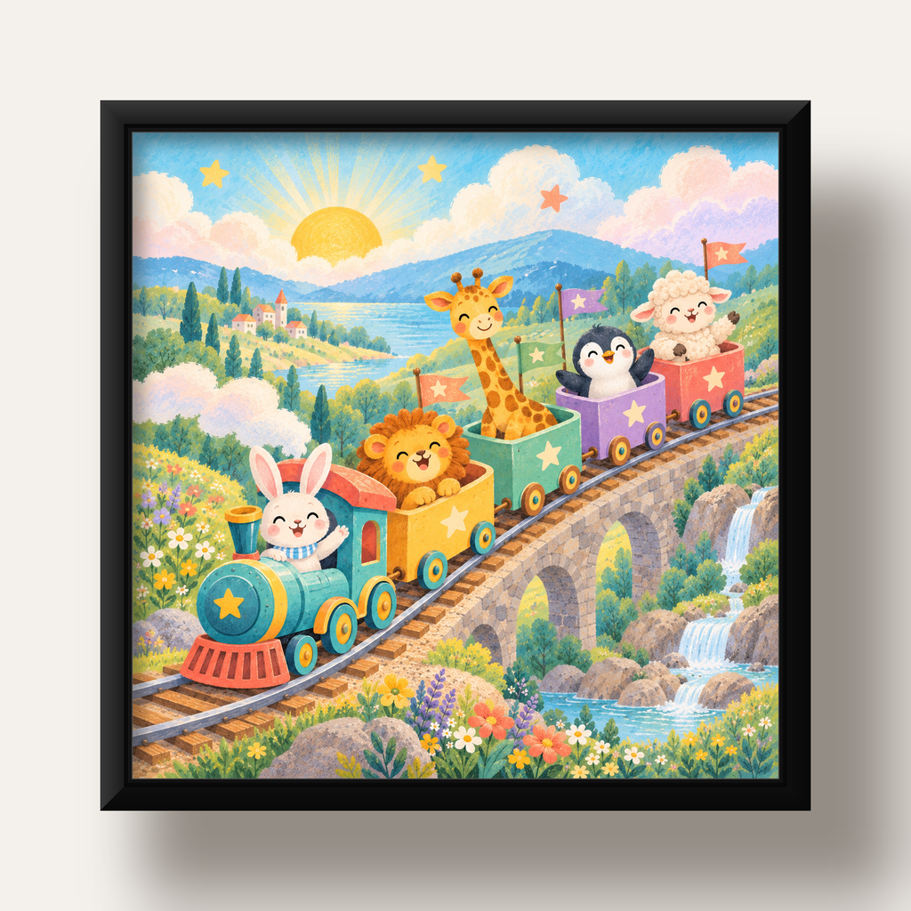 Sevimli Hayvanlar Treni Pastel Poster - Çocuk Odası Duvar Sanatı — siyah derin çerçeveli
