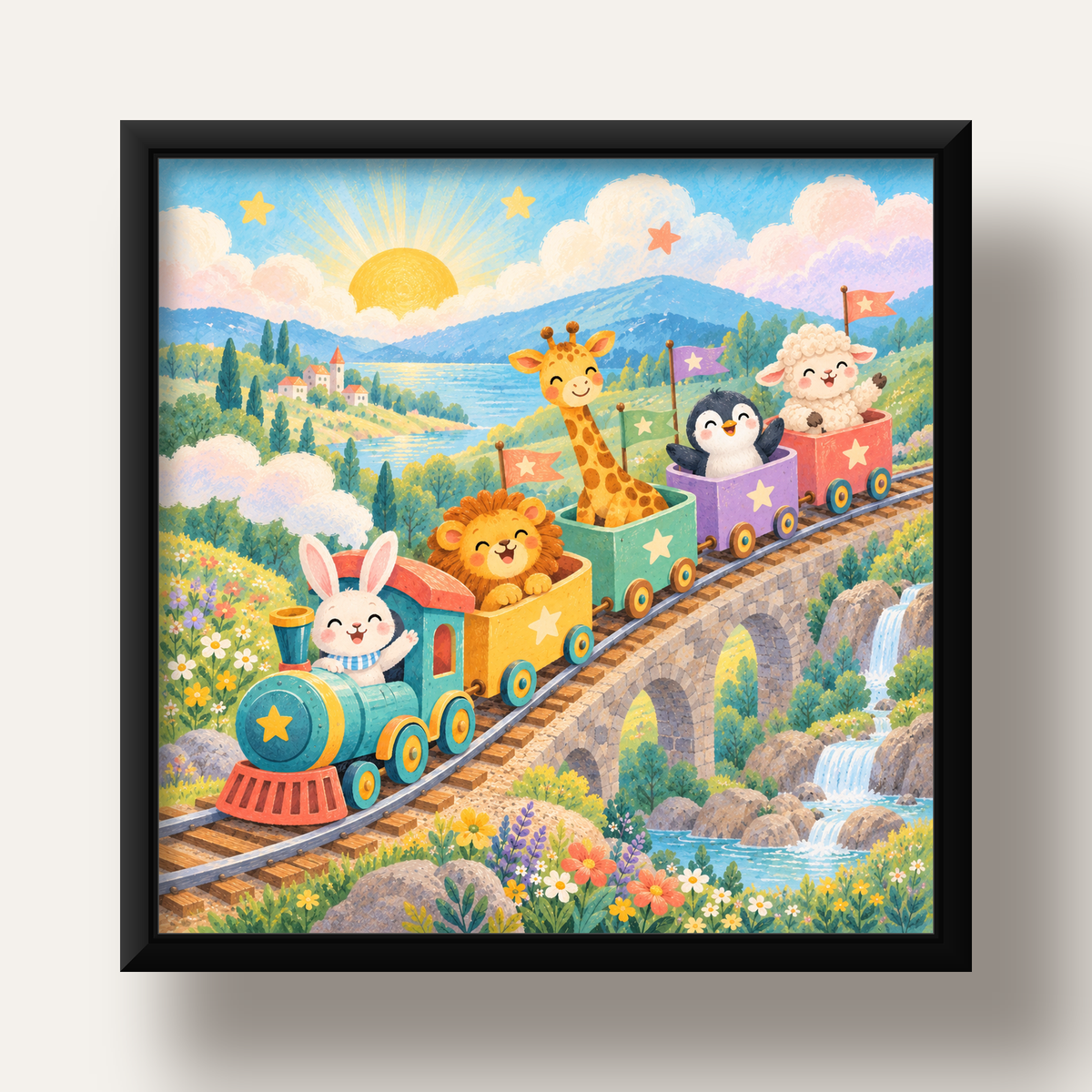 Sevimli Hayvanlar Treni Pastel Poster - Çocuk Odası Duvar Sanatı — siyah derin çerçeveli