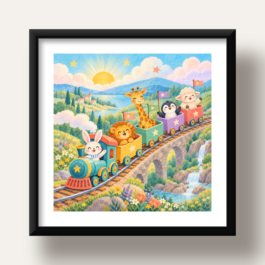 Sevimli Hayvanlar Treni Pastel Poster - Çocuk Odası Duvar Sanatı — siyah derin çerçeveli paspartulu