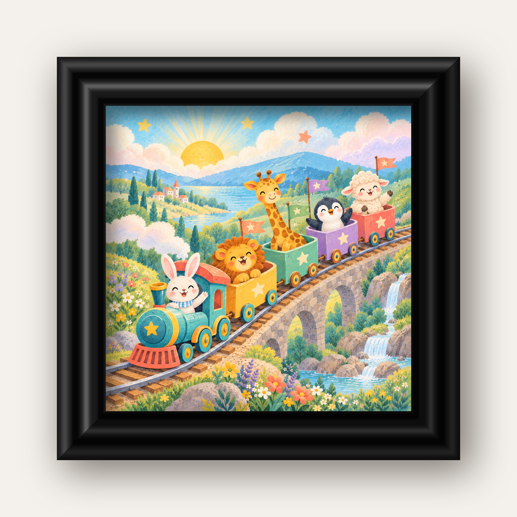 Sevimli Hayvanlar Treni Pastel Poster - Çocuk Odası Duvar Sanatı — siyah galeri çerçeveli