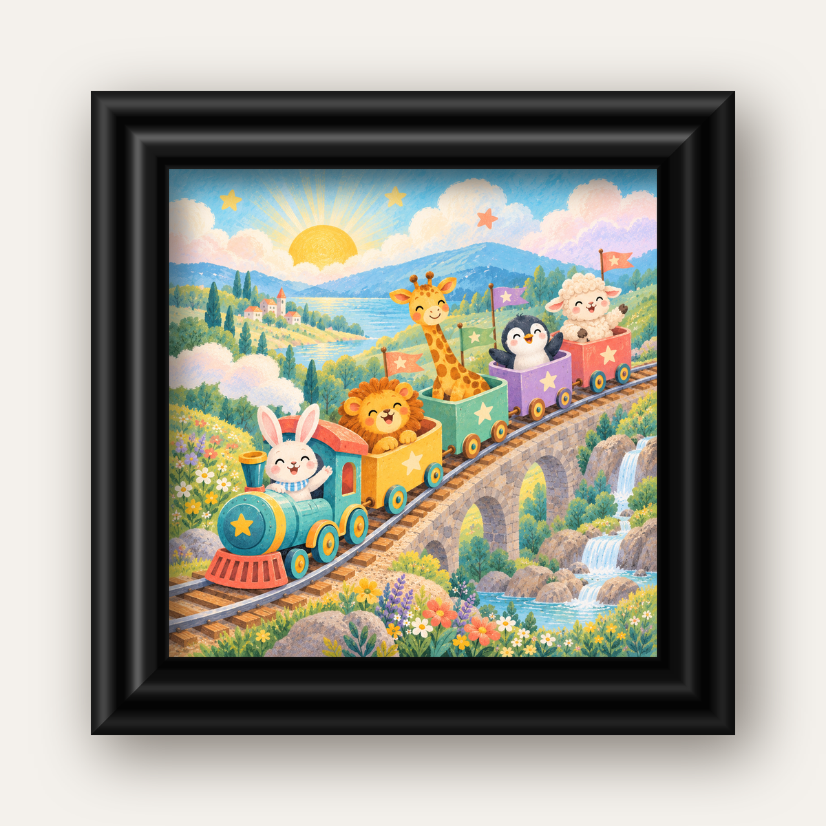 Sevimli Hayvanlar Treni Pastel Poster - Çocuk Odası Duvar Sanatı — siyah galeri çerçeveli
