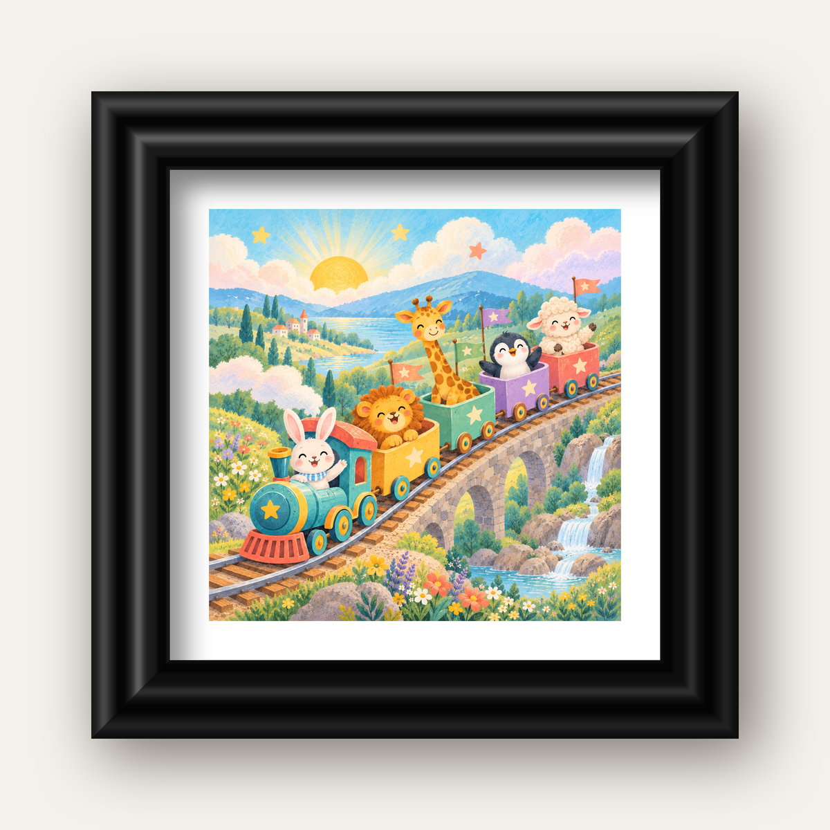 Sevimli Hayvanlar Treni Pastel Poster - Çocuk Odası Duvar Sanatı — siyah galeri çerçeveli paspartulu
