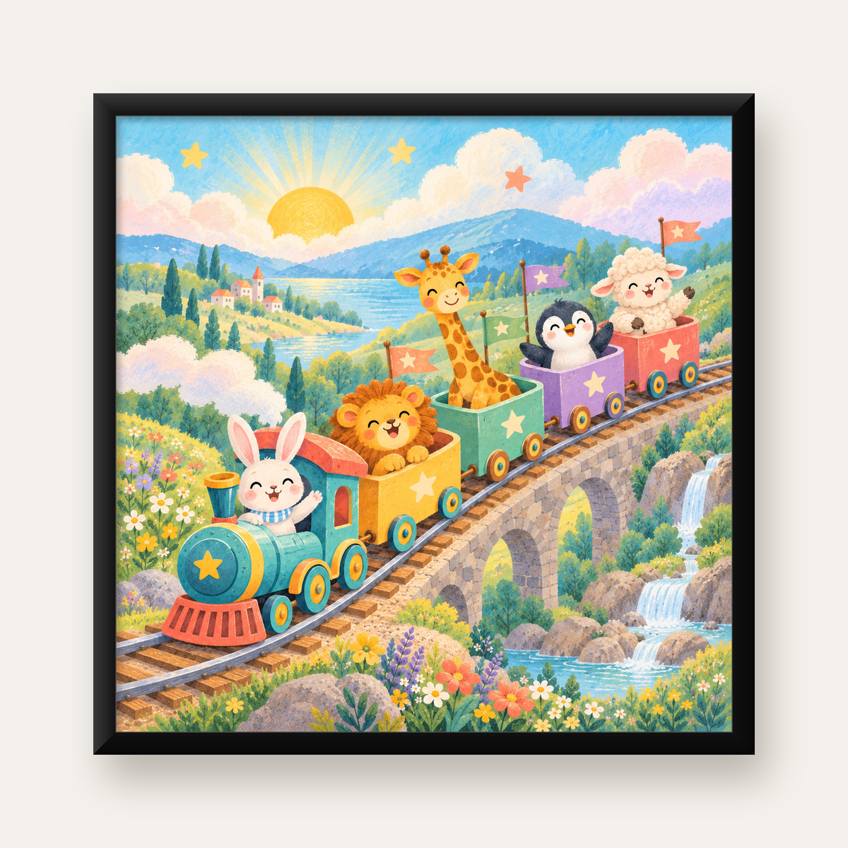 Sevimli Hayvanlar Treni Pastel Poster - Çocuk Odası Duvar Sanatı — Kare baskı, düz siyah çerçeveli duvar posteri