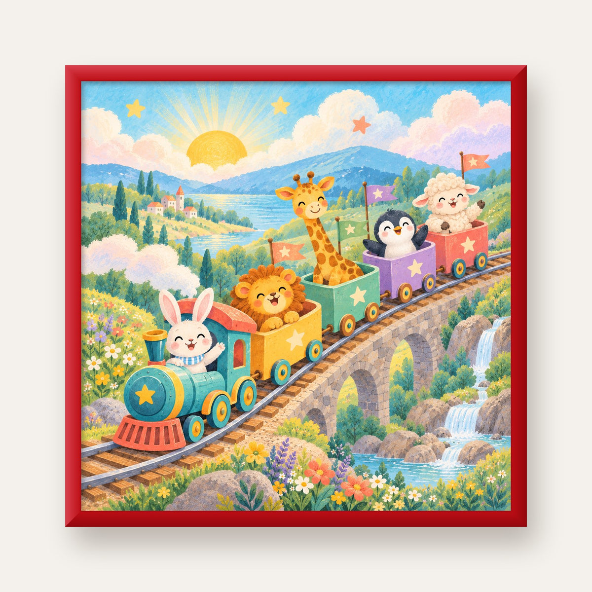 Sevimli Hayvanlar Treni Pastel Poster - Çocuk Odası Duvar Sanatı — kırmızı çerçeveli