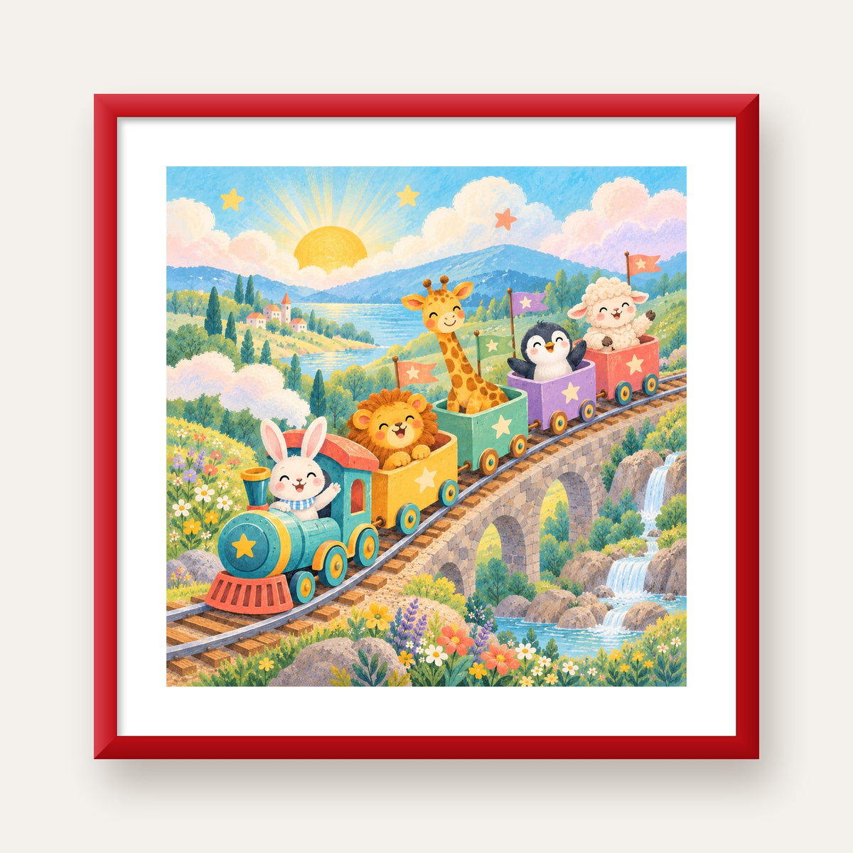 Sevimli Hayvanlar Treni Pastel Poster - Çocuk Odası Duvar Sanatı — kırmızı çerçeveli paspartulu
