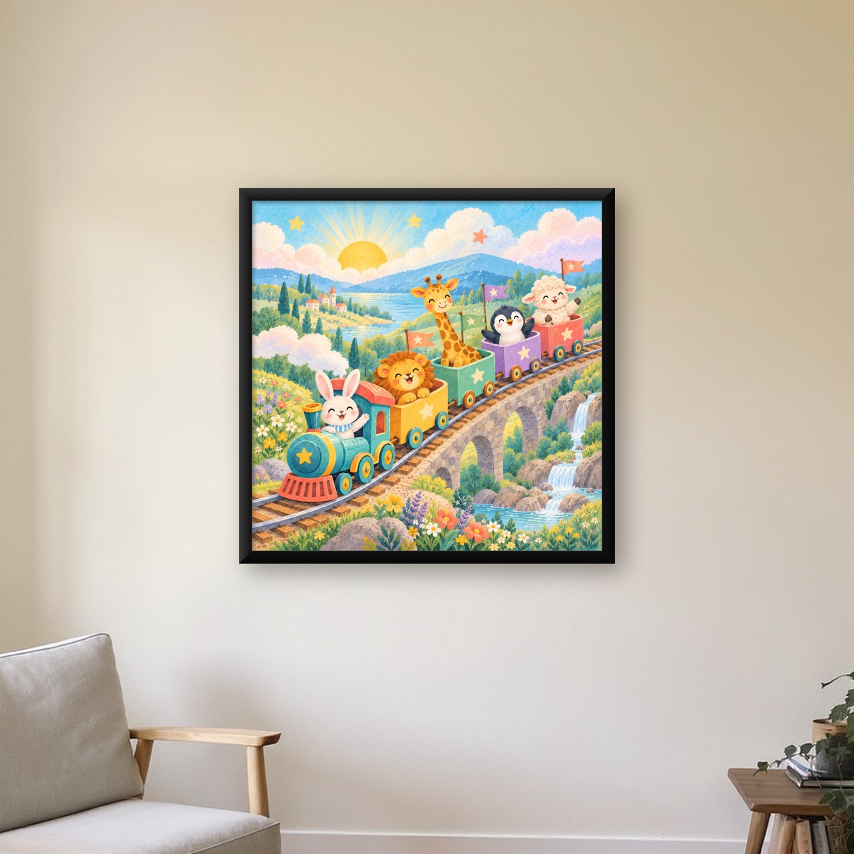 Sevimli Hayvanlar Treni Pastel Poster - Çocuk Odası Duvar Sanatı — Kare baskı, çerçeveli hâliyle bir ev duvarında