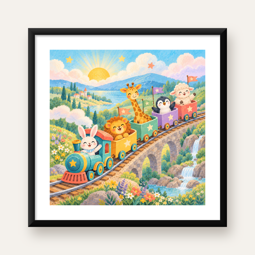 Sevimli Hayvanlar Treni Pastel Poster - Çocuk Odası Duvar Sanatı — Kare baskı, beyaz paspartulu