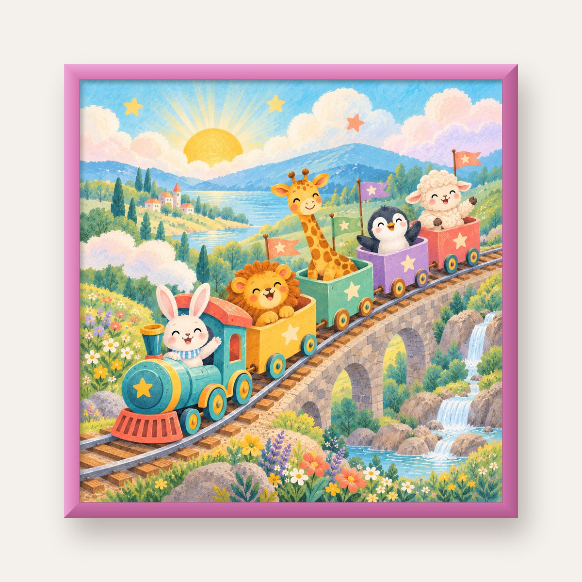 Sevimli Hayvanlar Treni Pastel Poster - Çocuk Odası Duvar Sanatı — pembe çerçeveli