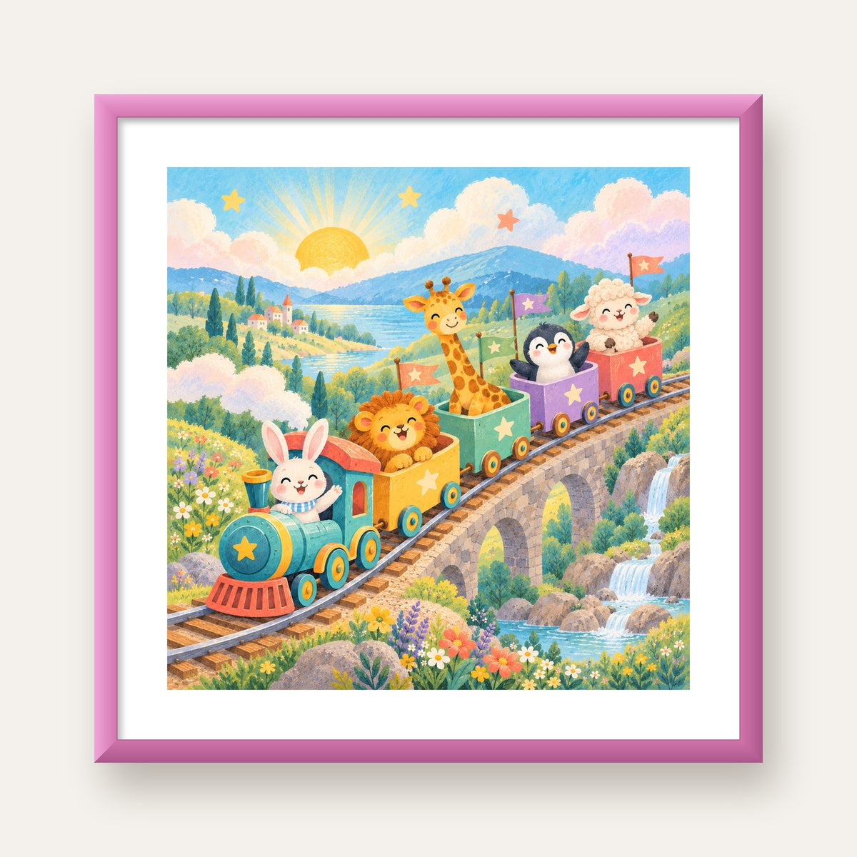 Sevimli Hayvanlar Treni Pastel Poster - Çocuk Odası Duvar Sanatı — pembe çerçeveli paspartulu