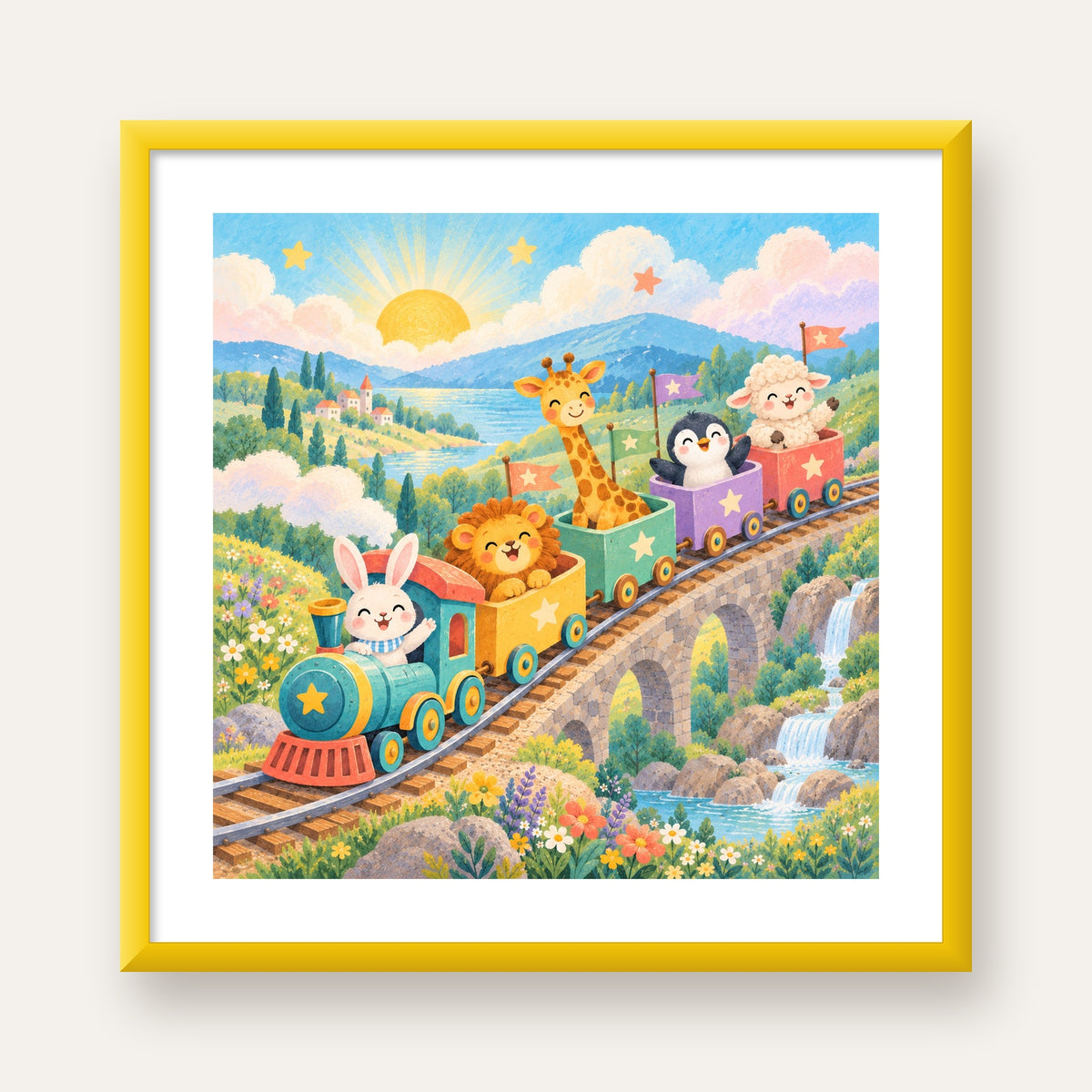 Sevimli Hayvanlar Treni Pastel Poster - Çocuk Odası Duvar Sanatı — sarı çerçeveli paspartulu