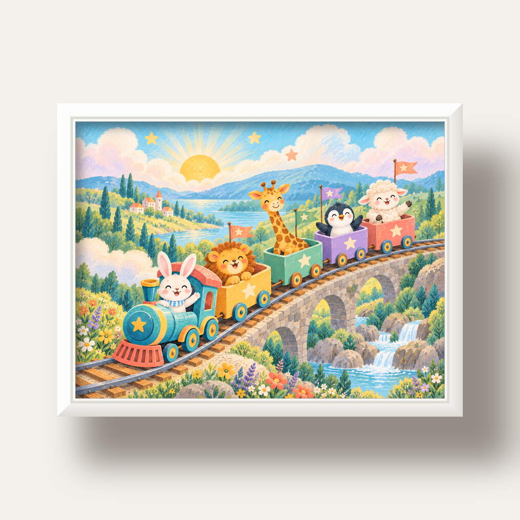 Sevimli Hayvanlar Treni Pastel Poster - Çocuk Odası Duvar Sanatı — beyaz derin çerçeveli