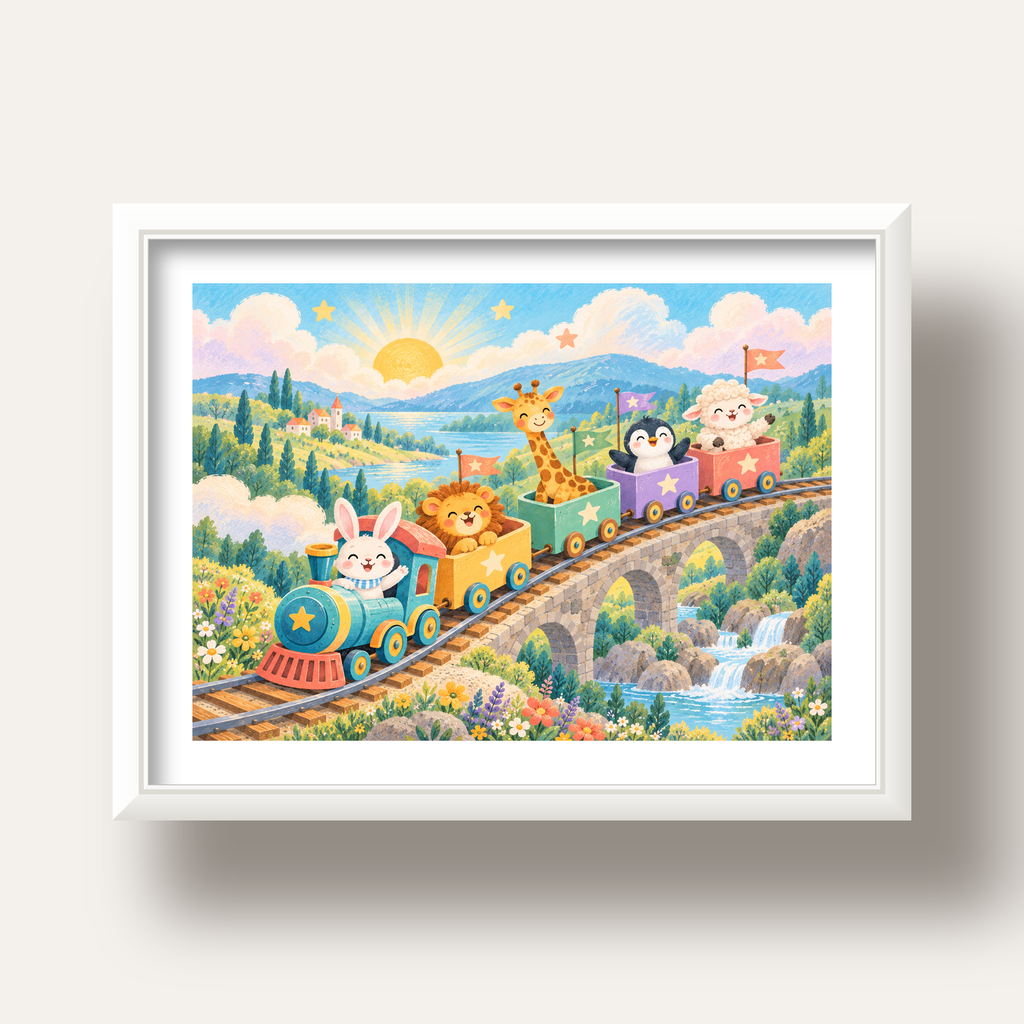 Sevimli Hayvanlar Treni Pastel Poster - Çocuk Odası Duvar Sanatı — beyaz derin çerçeveli paspartulu