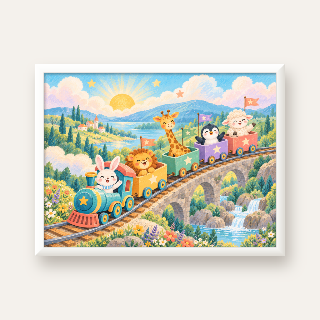 Sevimli Hayvanlar Treni Pastel Poster - Çocuk Odası Duvar Sanatı — beyaz çerçeveli yatay poster