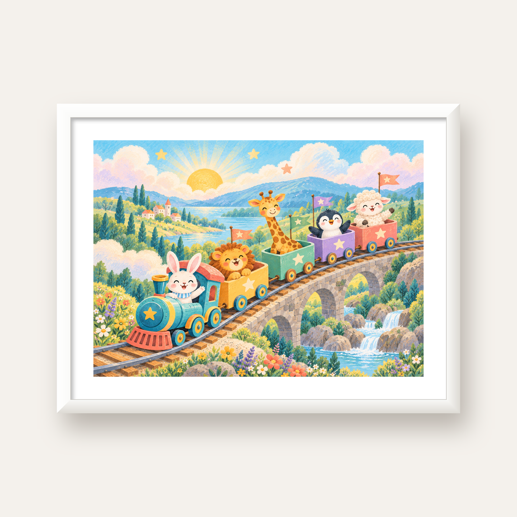 Sevimli Hayvanlar Treni Pastel Poster - Çocuk Odası Duvar Sanatı — beyaz çerçeveli yatay poster