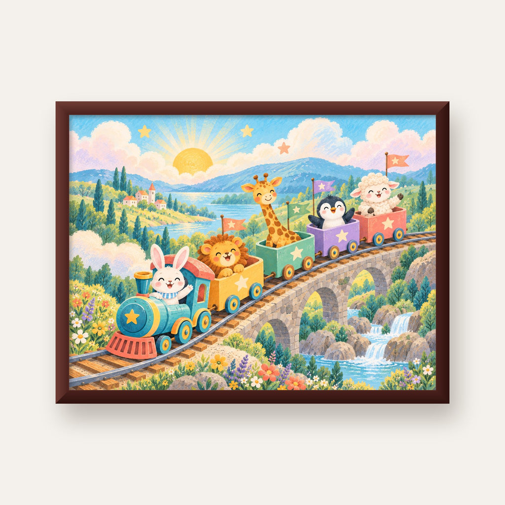 Sevimli Hayvanlar Treni Pastel Poster - Çocuk Odası Duvar Sanatı — ceviz çerçeveli