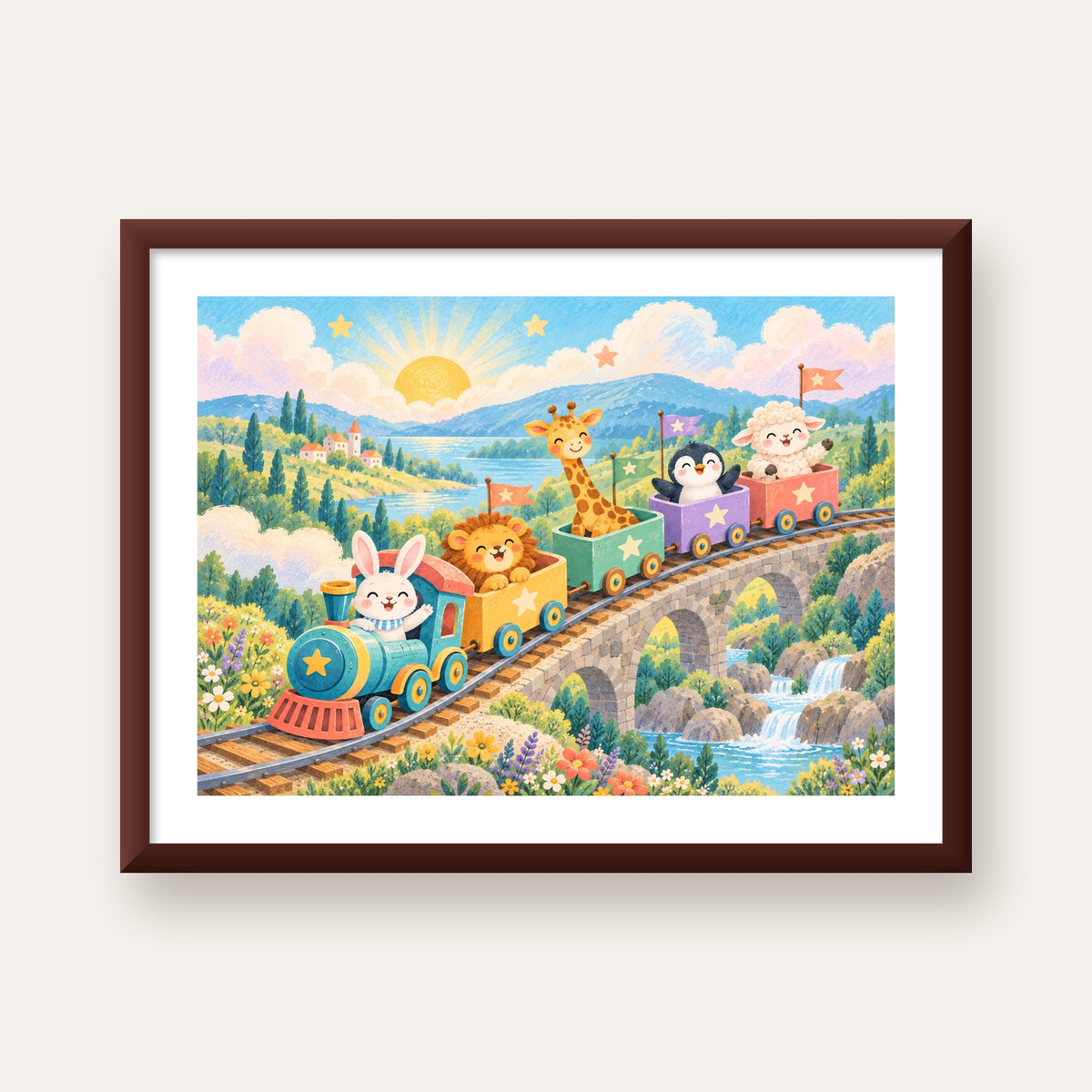 Sevimli Hayvanlar Treni Pastel Poster - Çocuk Odası Duvar Sanatı — ceviz çerçeveli paspartulu