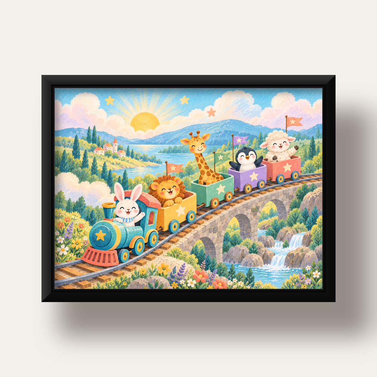 Sevimli Hayvanlar Treni Pastel Poster - Çocuk Odası Duvar Sanatı — siyah derin çerçeveli
