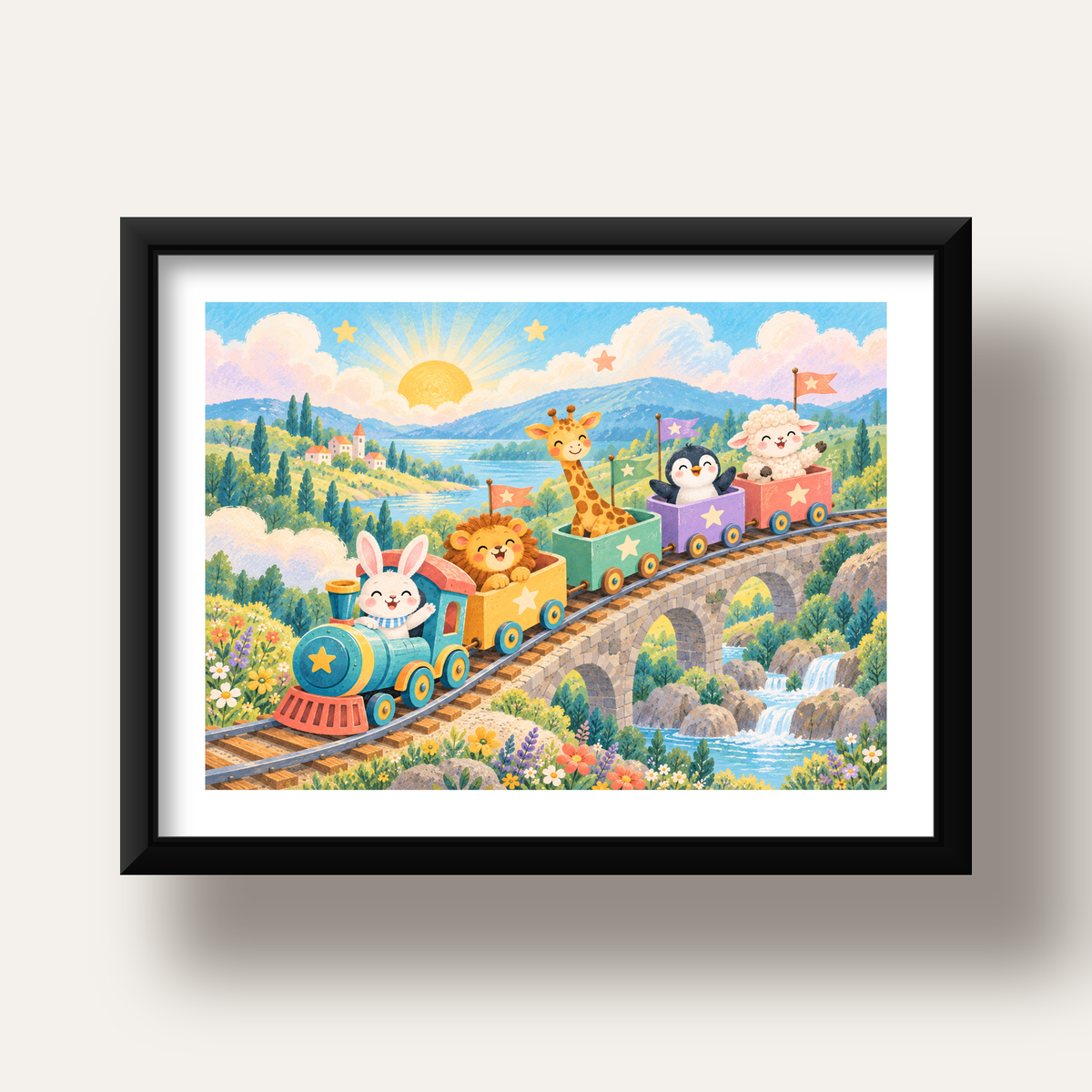 Sevimli Hayvanlar Treni Pastel Poster - Çocuk Odası Duvar Sanatı — siyah derin çerçeveli paspartulu