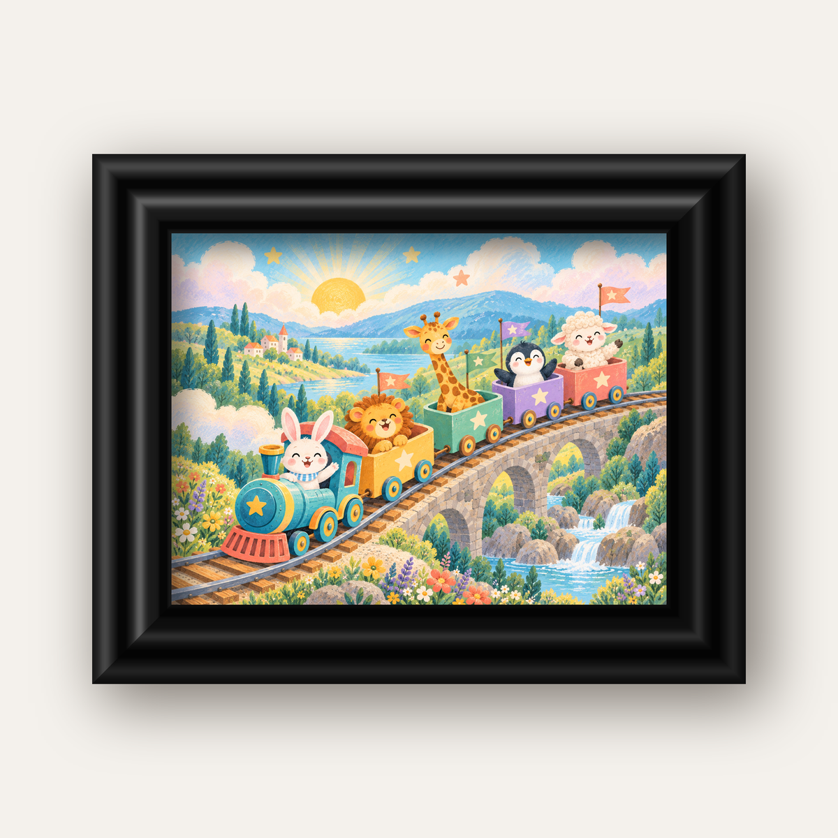 Sevimli Hayvanlar Treni Pastel Poster - Çocuk Odası Duvar Sanatı — siyah galeri çerçeveli