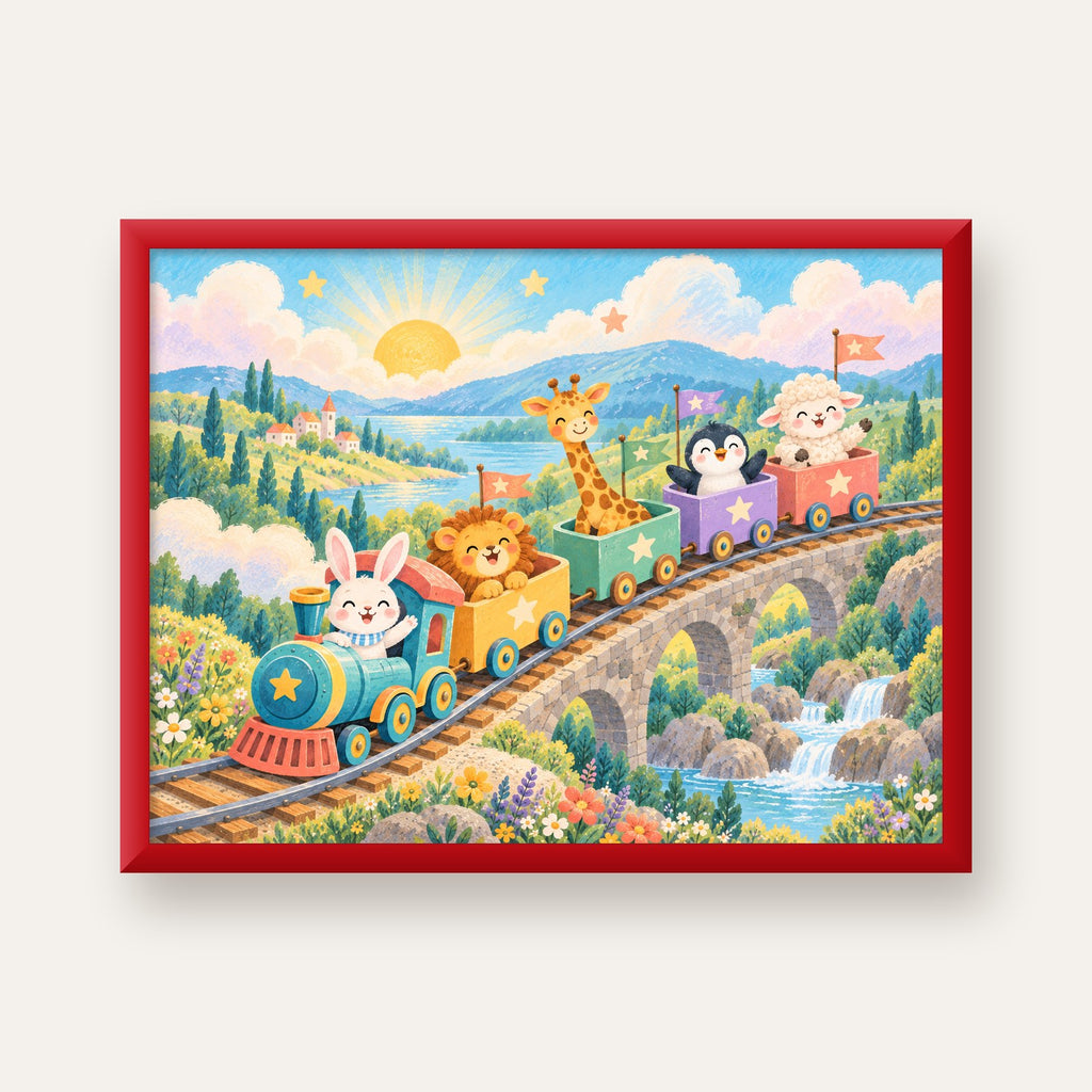 Sevimli Hayvanlar Treni Pastel Poster - Çocuk Odası Duvar Sanatı — kırmızı çerçeveli