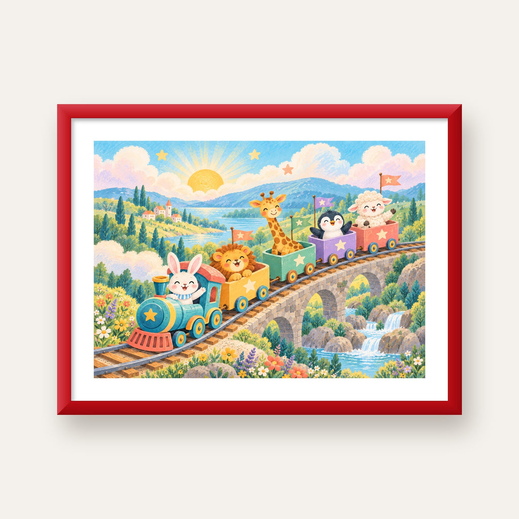 Sevimli Hayvanlar Treni Pastel Poster - Çocuk Odası Duvar Sanatı — kırmızı çerçeveli paspartulu
