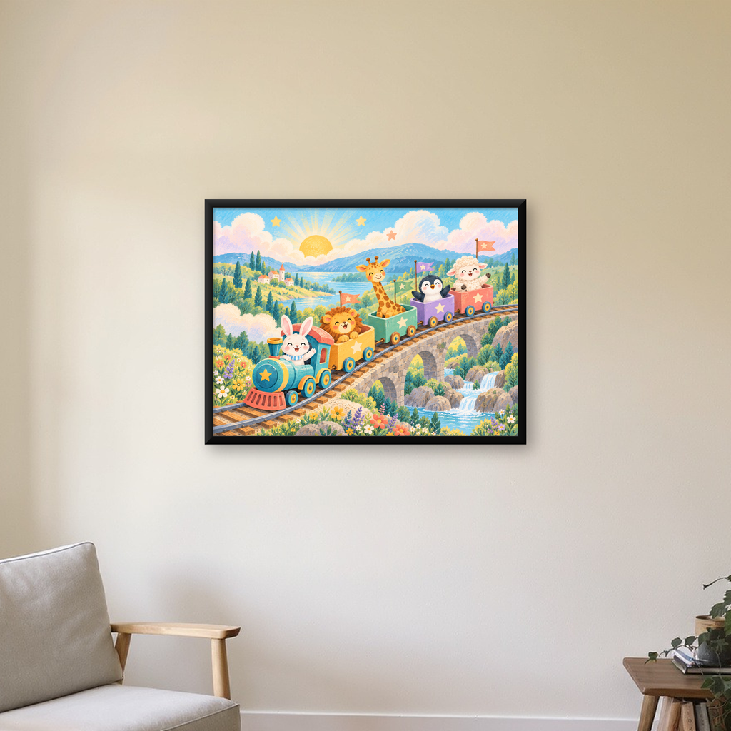 Sevimli Hayvanlar Treni Pastel Poster - Çocuk Odası Duvar Sanatı — Yatay baskı, çerçeveli hâliyle bir ev duvarında