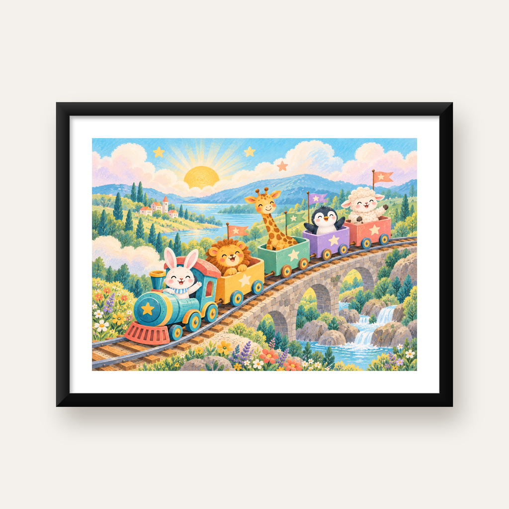 Sevimli Hayvanlar Treni Pastel Poster - Çocuk Odası Duvar Sanatı — Yatay baskı, beyaz paspartulu