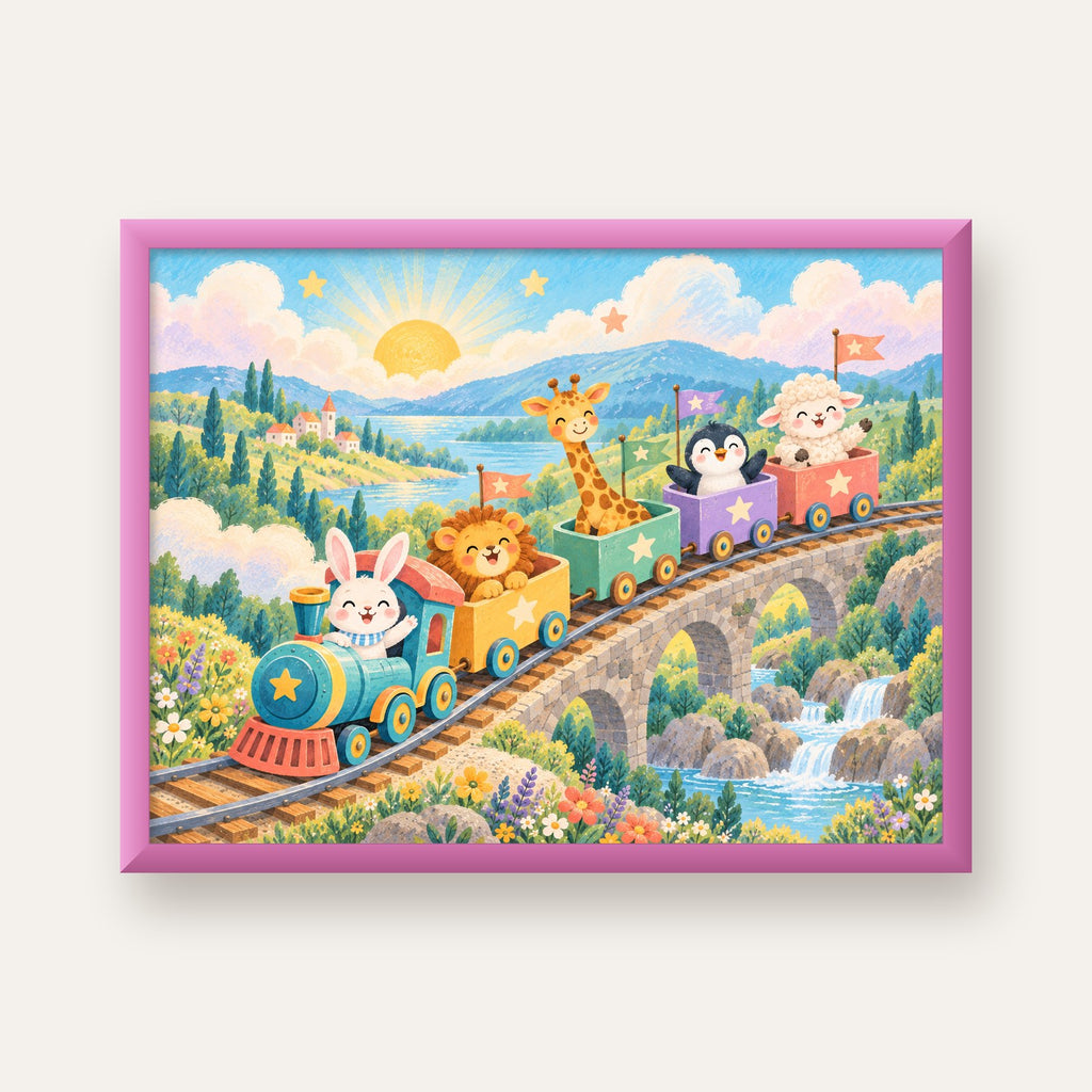 Sevimli Hayvanlar Treni Pastel Poster - Çocuk Odası Duvar Sanatı — pembe çerçeveli