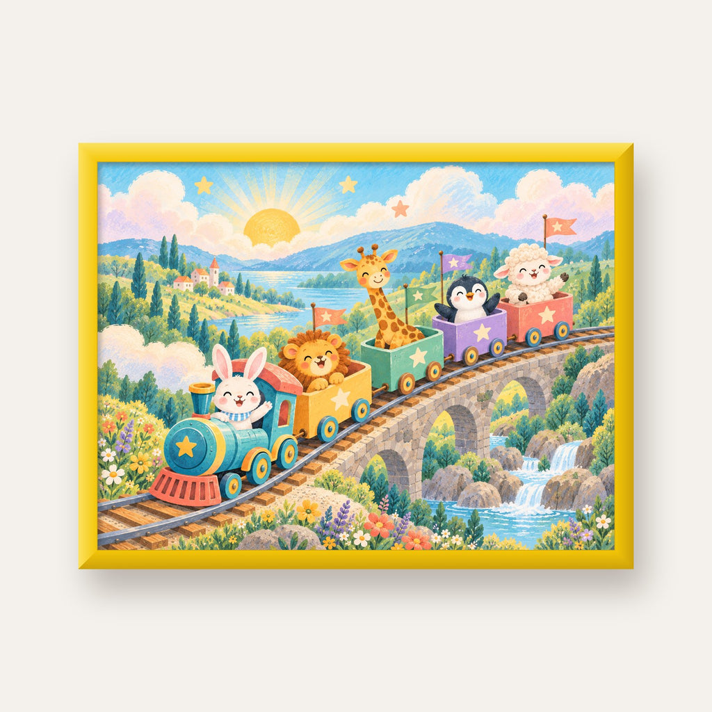 Sevimli Hayvanlar Treni Pastel Poster - Çocuk Odası Duvar Sanatı — sarı çerçeveli