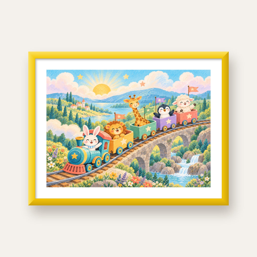 Sevimli Hayvanlar Treni Pastel Poster - Çocuk Odası Duvar Sanatı — sarı çerçeveli paspartulu