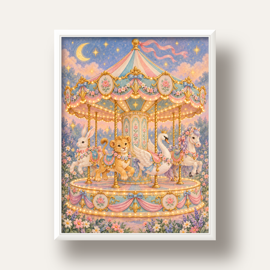 Pastel Nostaljik Atlıkarınca Poster – Masalsı Hayvanlar — beyaz derin çerçeveli
