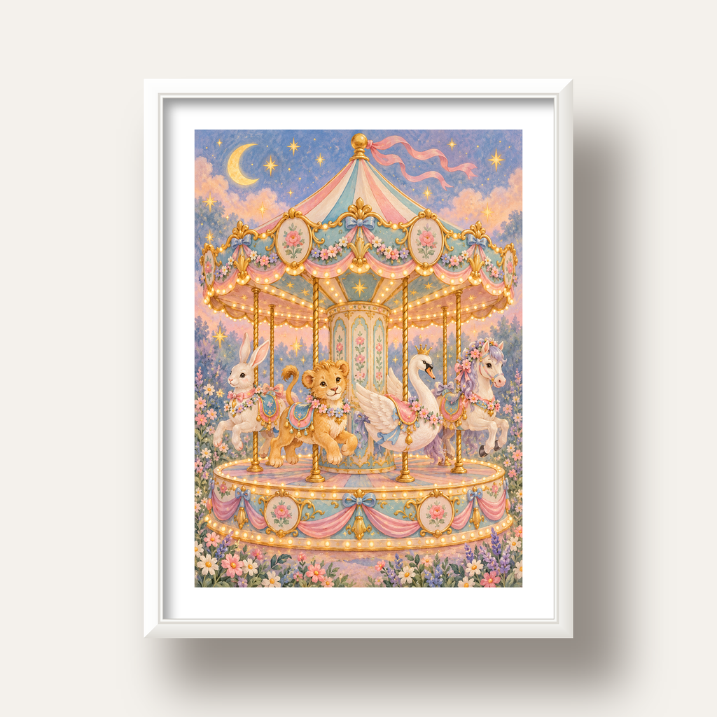 Pastel Nostaljik Atlıkarınca Poster – Masalsı Hayvanlar — beyaz derin çerçeveli paspartulu