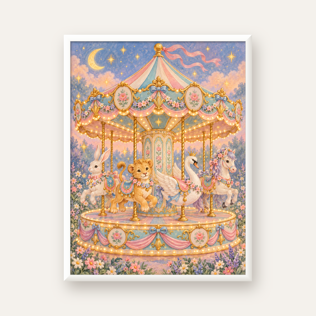Pastel Nostaljik Atlıkarınca Poster – Masalsı Hayvanlar — beyaz çerçeveli dikey poster