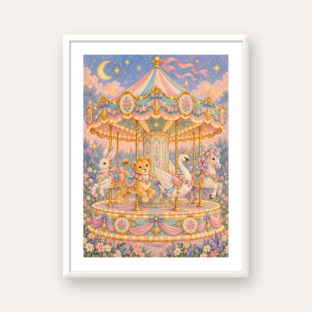 Pastel Nostaljik Atlıkarınca Poster – Masalsı Hayvanlar — beyaz çerçeveli dikey poster