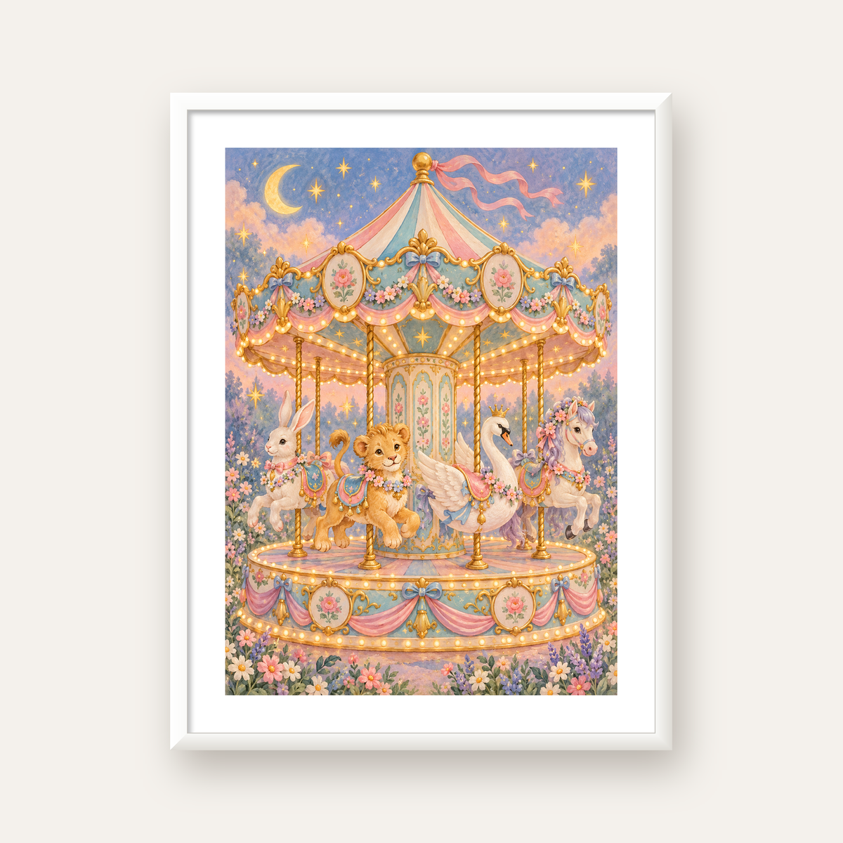 Pastel Nostaljik Atlıkarınca Poster – Masalsı Hayvanlar — beyaz çerçeveli dikey poster