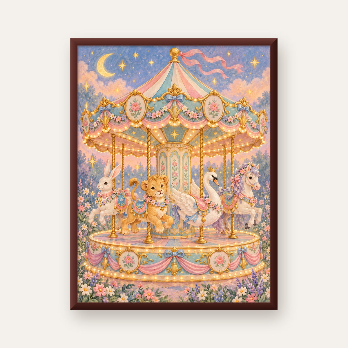 Pastel Nostaljik Atlıkarınca Poster – Masalsı Hayvanlar — ceviz çerçeveli
