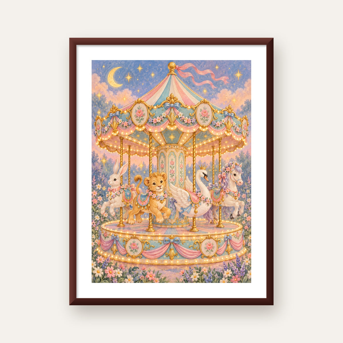 Pastel Nostaljik Atlıkarınca Poster – Masalsı Hayvanlar — ceviz çerçeveli paspartulu