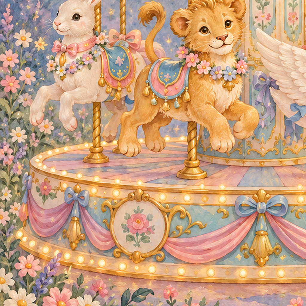 Pastel Nostaljik Atlıkarınca Poster – Masalsı Hayvanlar — baskının yakın çekimi, kâğıt dokusu ve renk detayı