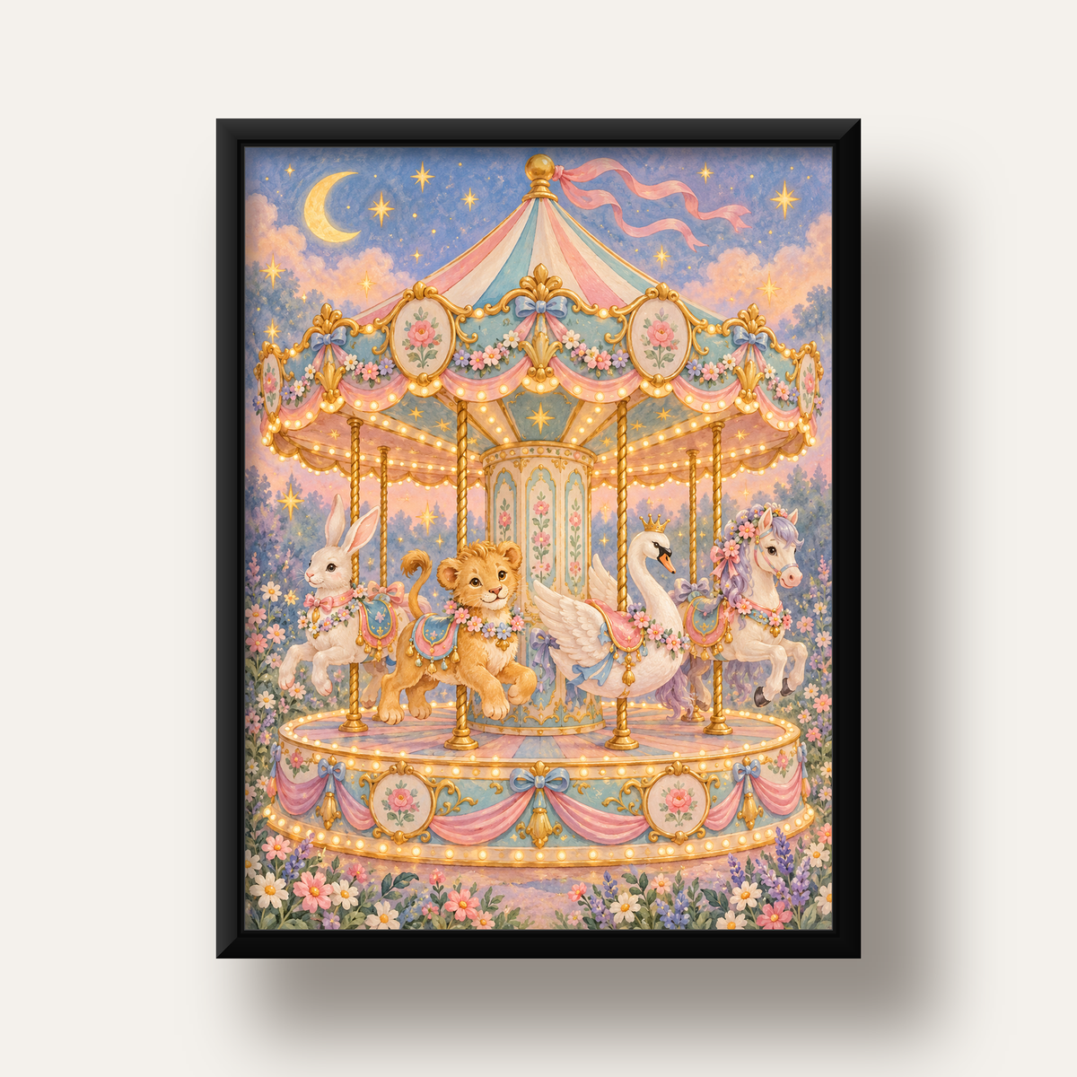 Pastel Nostaljik Atlıkarınca Poster – Masalsı Hayvanlar — siyah derin çerçeveli