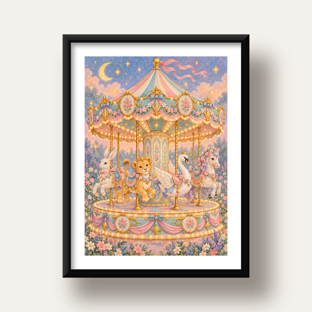 Pastel Nostaljik Atlıkarınca Poster – Masalsı Hayvanlar — siyah derin çerçeveli paspartulu