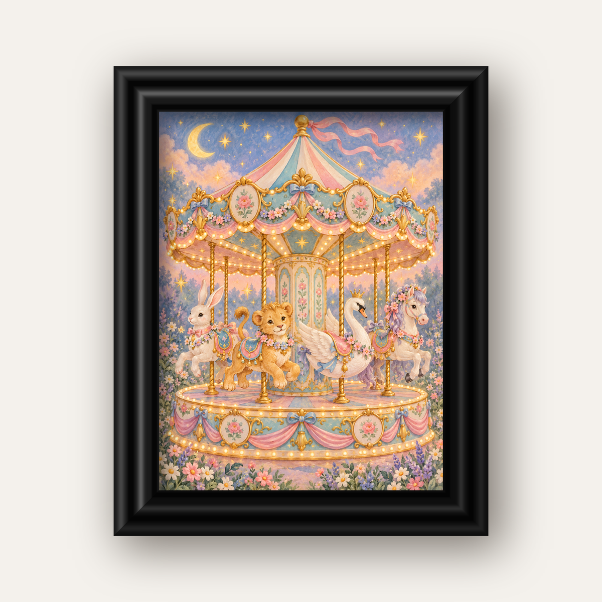 Pastel Nostaljik Atlıkarınca Poster – Masalsı Hayvanlar — siyah galeri çerçeveli