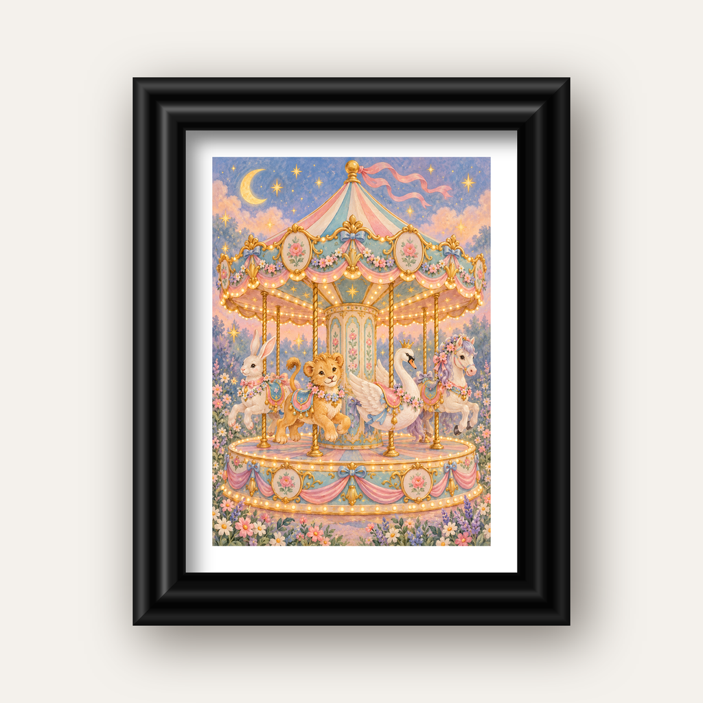 Pastel Nostaljik Atlıkarınca Poster – Masalsı Hayvanlar — siyah galeri çerçeveli paspartulu