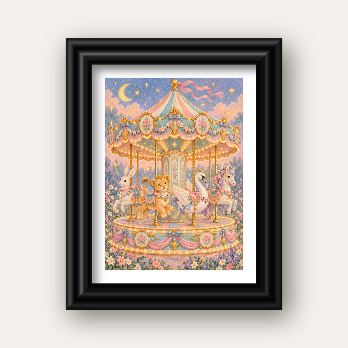 Pastel Nostaljik Atlıkarınca Poster – Masalsı Hayvanlar — siyah galeri çerçeveli paspartulu