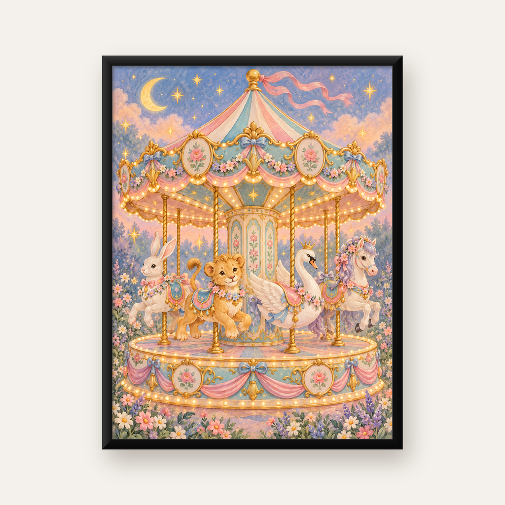 Pastel Nostaljik Atlıkarınca Poster – Masalsı Hayvanlar — Dikey baskı, düz siyah çerçeveli duvar posteri