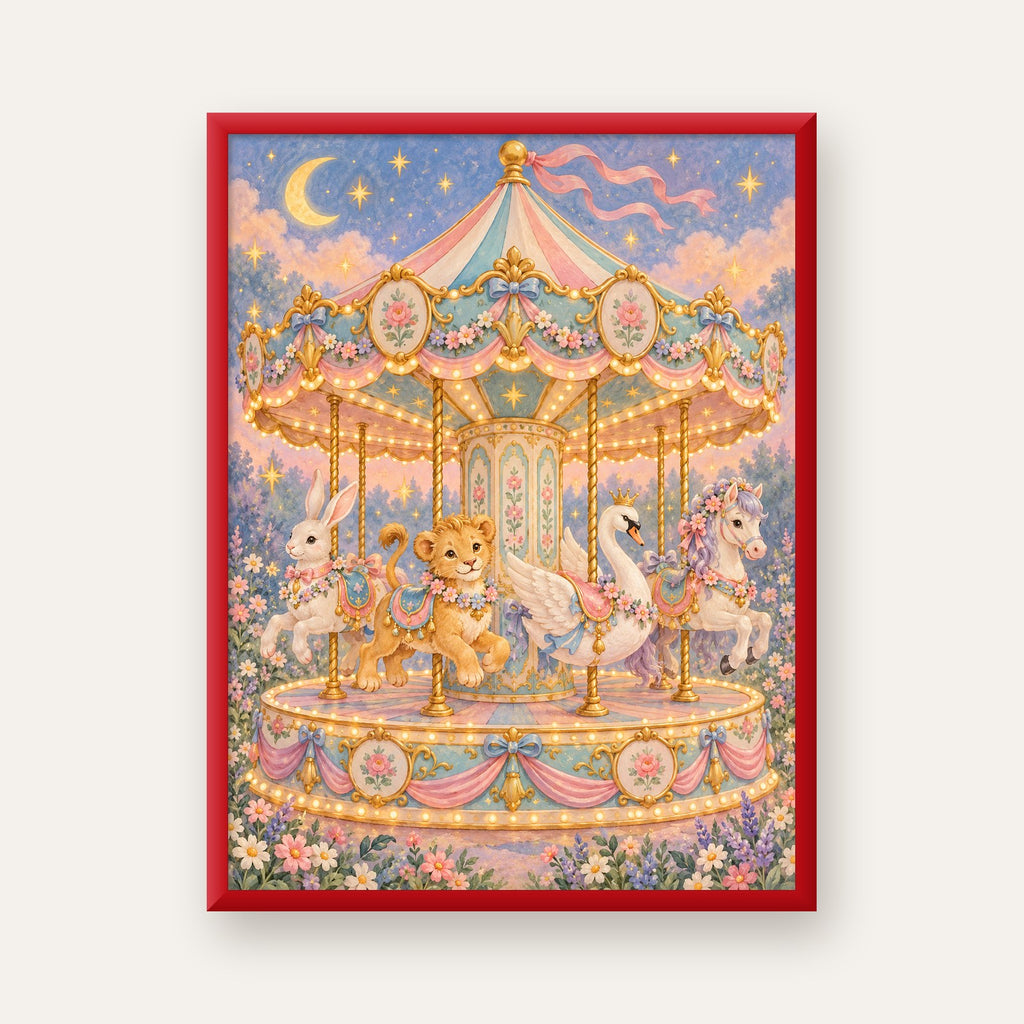 Pastel Nostaljik Atlıkarınca Poster – Masalsı Hayvanlar — kırmızı çerçeveli