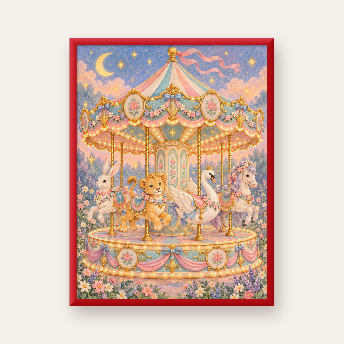 Pastel Nostaljik Atlıkarınca Poster – Masalsı Hayvanlar — kırmızı çerçeveli