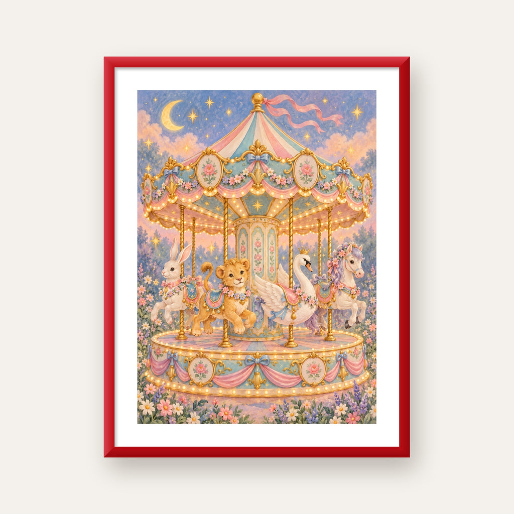 Pastel Nostaljik Atlıkarınca Poster – Masalsı Hayvanlar — kırmızı çerçeveli paspartulu