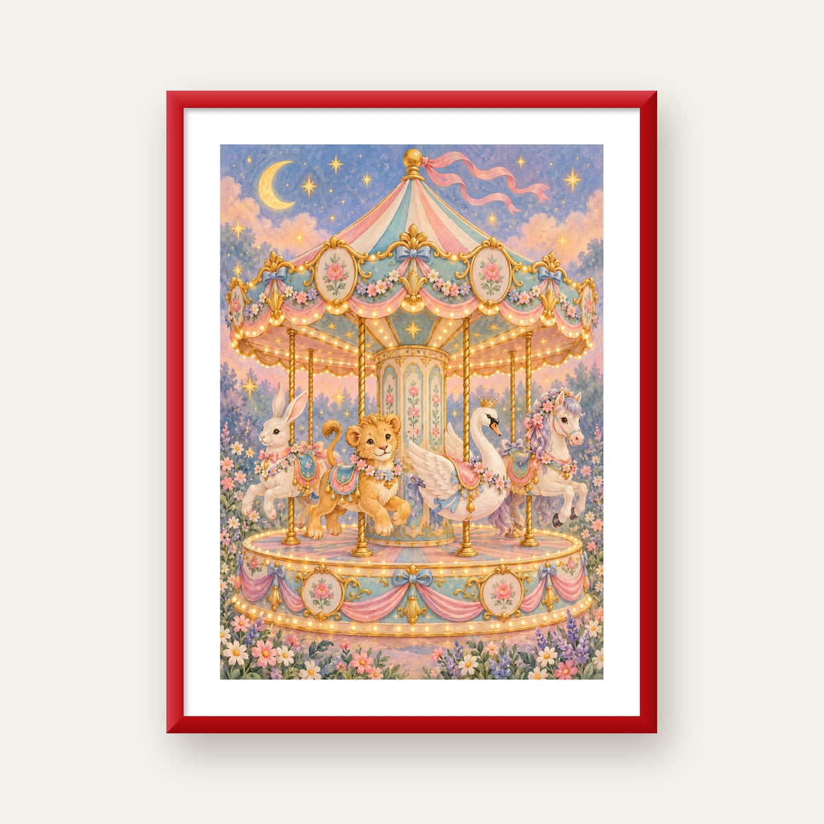 Pastel Nostaljik Atlıkarınca Poster – Masalsı Hayvanlar — kırmızı çerçeveli paspartulu