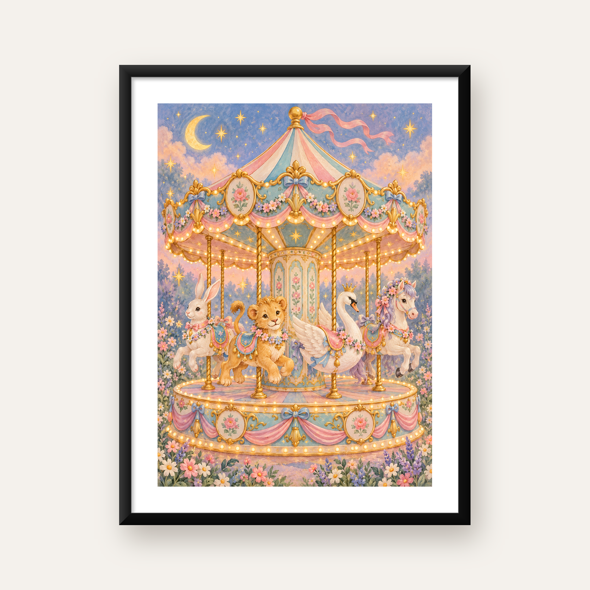 Pastel Nostaljik Atlıkarınca Poster – Masalsı Hayvanlar — Dikey baskı, beyaz paspartulu