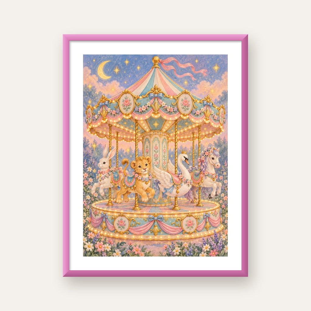 Pastel Nostaljik Atlıkarınca Poster – Masalsı Hayvanlar — pembe çerçeveli paspartulu